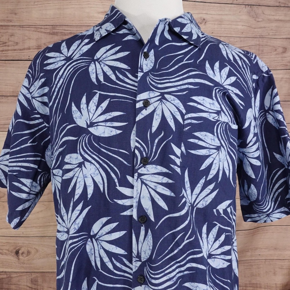 Daniel Cremieux Hawaiian Shirt Mens Large Blue Floral Button Up Linen Blend